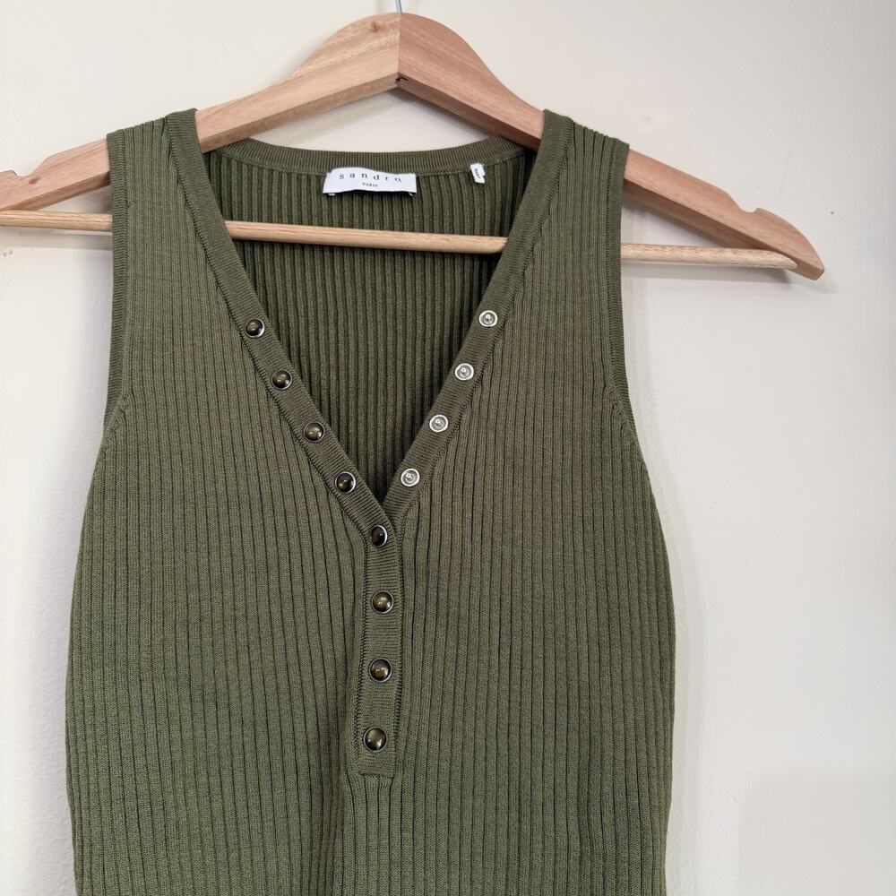 Sandro Paris Ribbed Bodysuit Olive Green Snap Front Tank Size 2